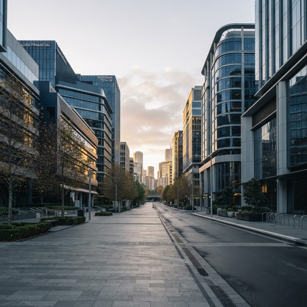 A quiet modern business district in soft morning light